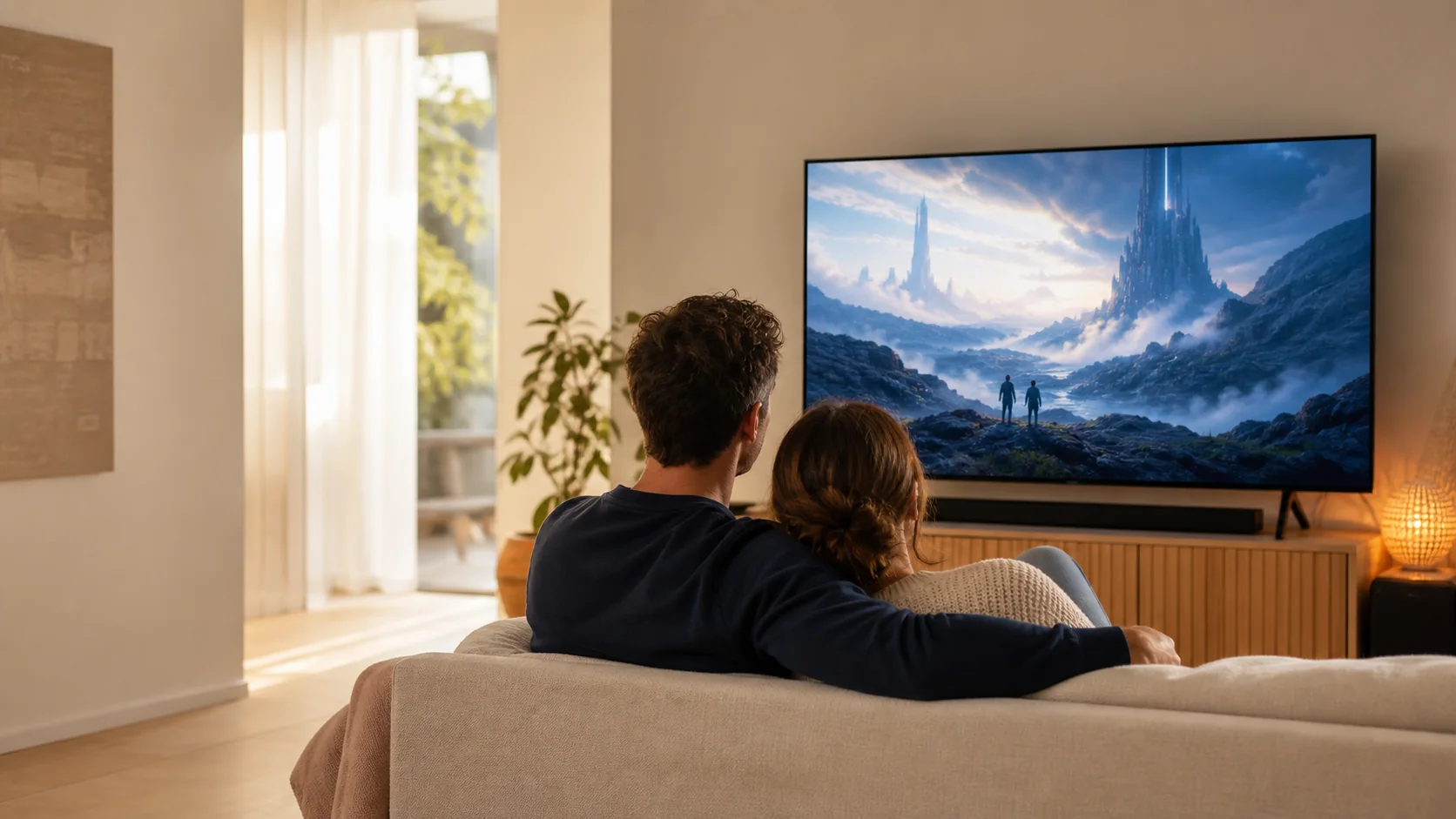Abendliches Wohnzimmer, auf dem Fernseher ist eine Filmübersicht mit mehreren Titelkacheln zu sehen