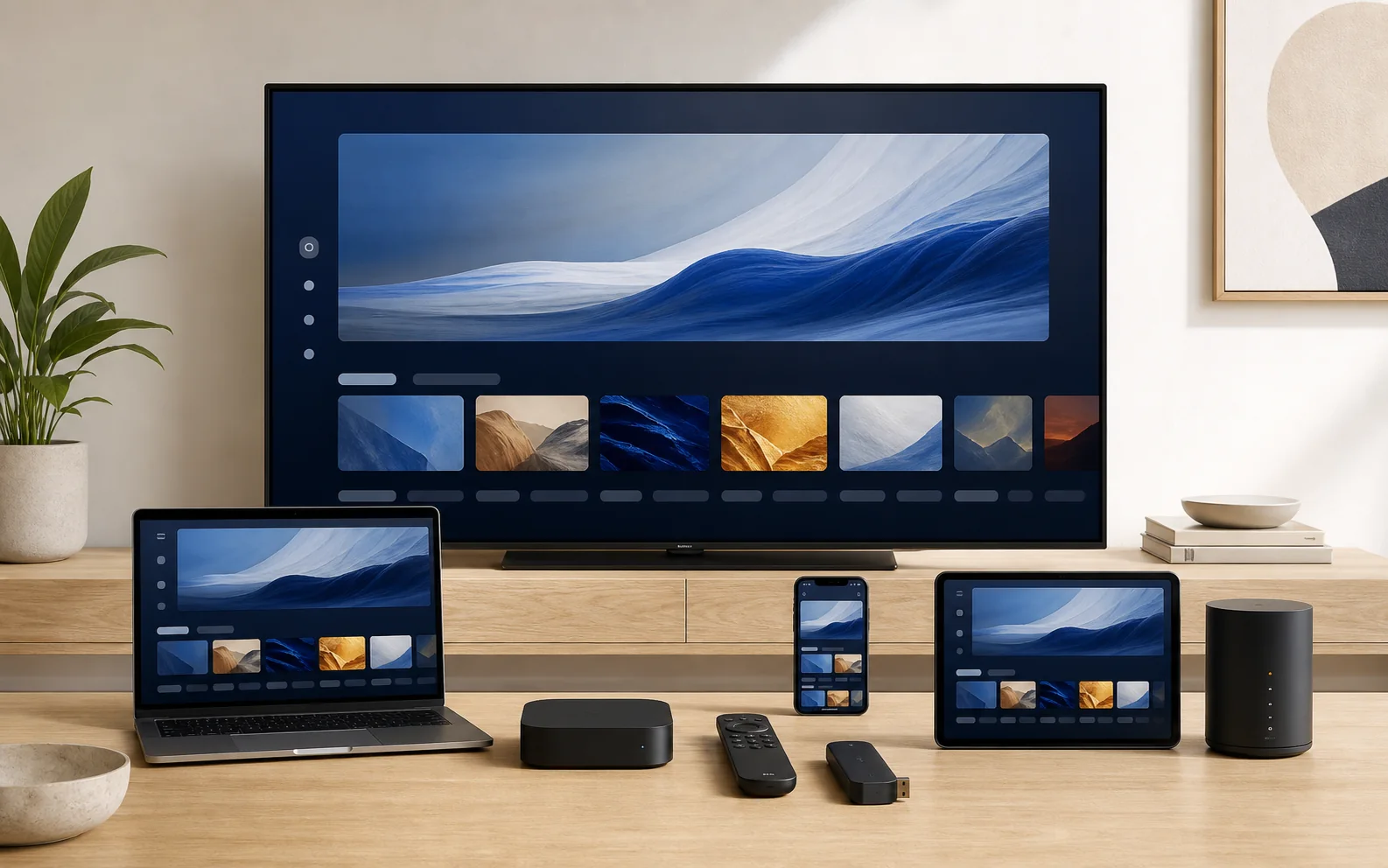 Fernseher, Tablet, Smartphone und Streaming-Stick nebeneinander mit geöffneter Streaming-Oberfläche