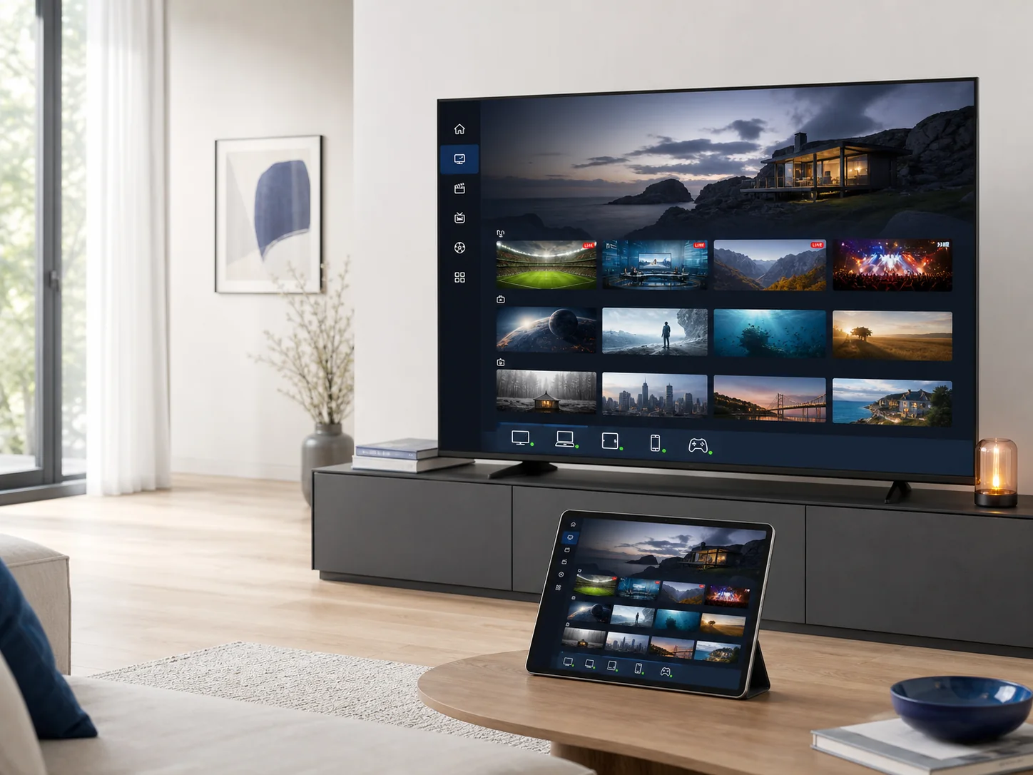 Helles Wohnzimmer in Deutschland mit großem Fernseher, auf dem die Senderübersicht eines IPTV-Zugangs zu sehen ist