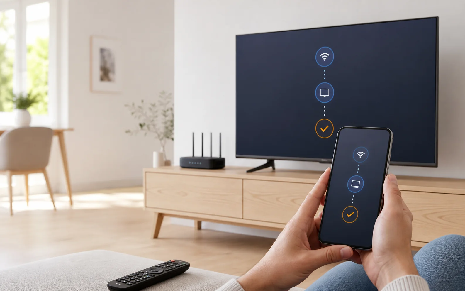 Person richtet den IPTV-Zugang am Fernseher ein und hält dabei die Fernbedienung in der Hand