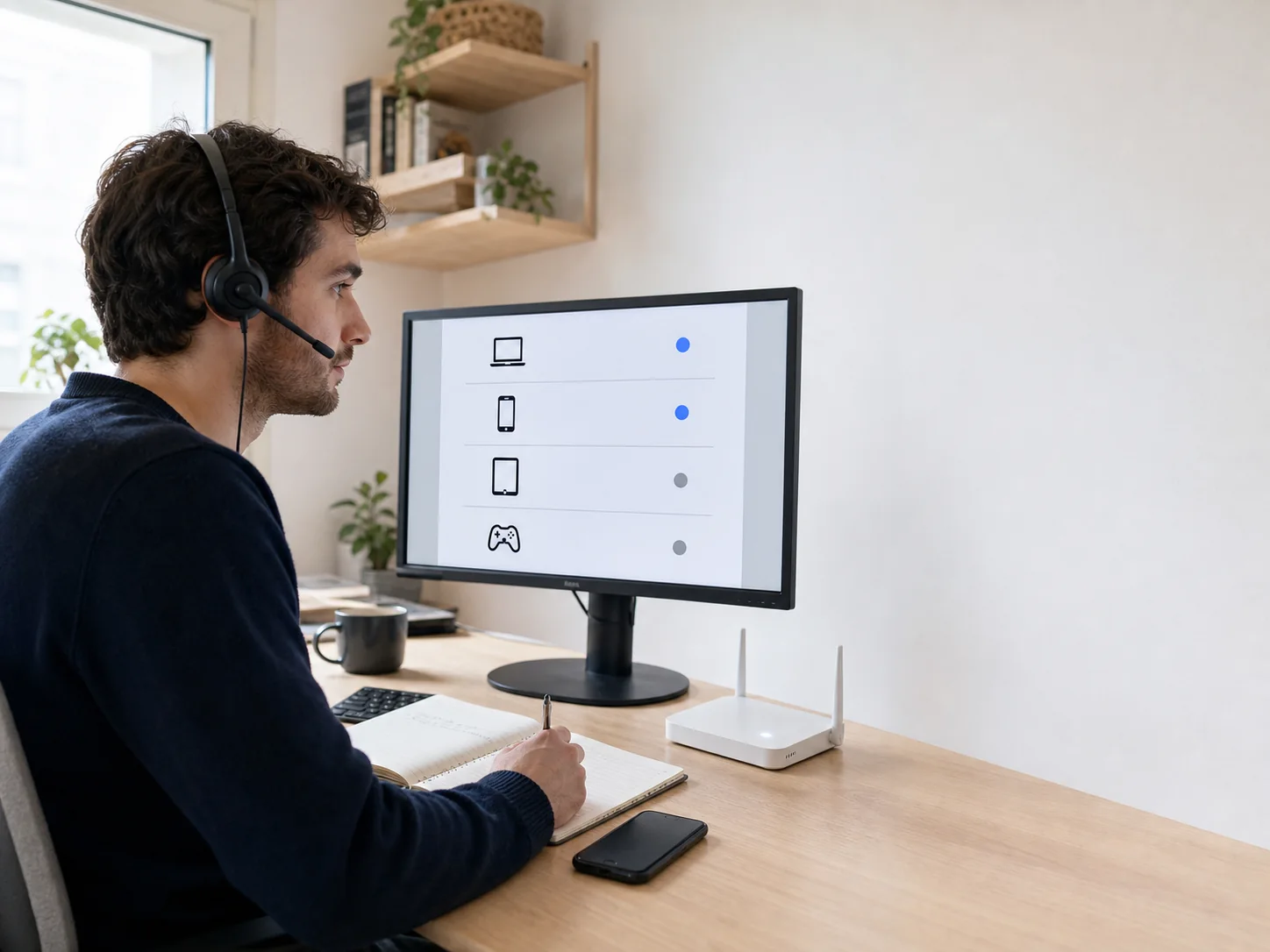 Mitarbeiterin des Kundenservice mit Headset beantwortet eine Anfrage am Arbeitsplatz