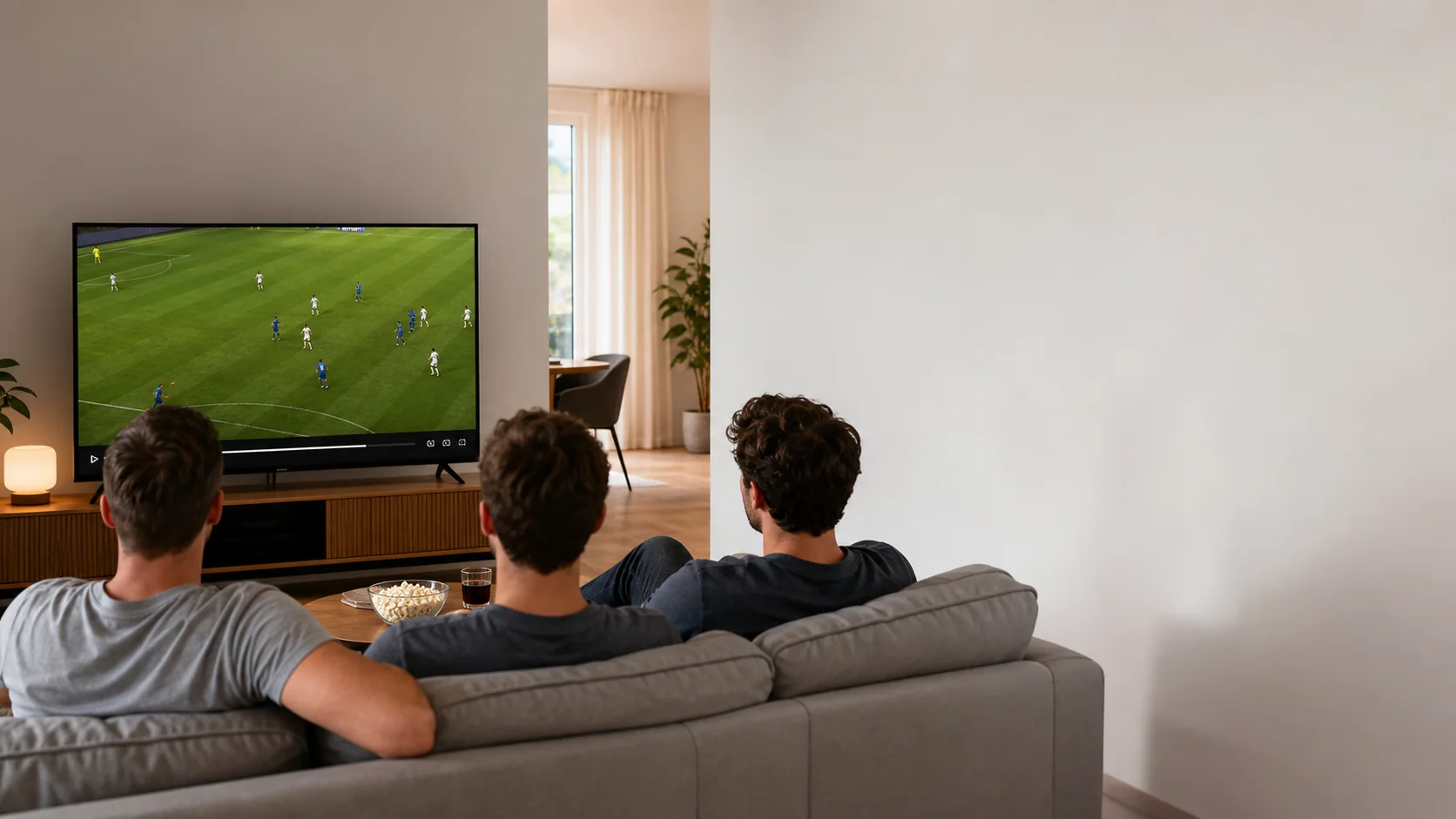 Wohnzimmer mit großem Fernseher, auf dem ein Fußballspiel in einem beleuchteten Stadion läuft