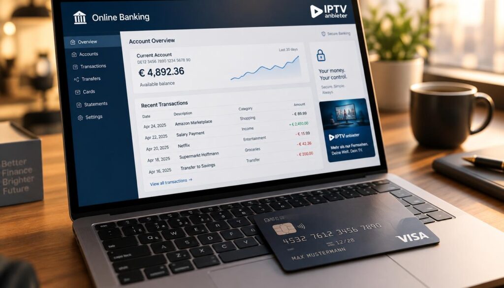 A close-up view of a stylish laptop displaying an online banking account statement with visible details such as recent transactions and account balance. In the foreground, a sleek credit card rests on the laptop's keyboard, emphasizing the theme of financial management. The background is softly blurred to highlight the laptop and card, with warm, natural lighting creating a cozy yet professional atmosphere. The composition should convey a sense of security and sophistication, reflecting the topic of IPTV services in a business context. Add a subtle logo of "IPTV anbieter" in the corner of the screen, enhancing the relevance without distracting from the main subjects. The image should evoke trust and clarity, suitable for an informative article.