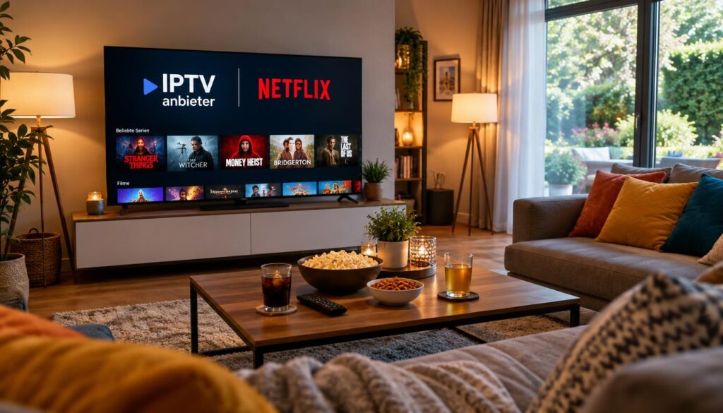 A cozy living room featuring a modern Smart TV displaying the "IPTV anbieter" logo alongside Netflix. In the foreground, a stylish coffee table holds a bowl of snacks and drinks, while a comfortable sofa is visible, adorned with colorful cushions. The middle background includes the Smart TV with a sleek, minimalist design and vibrant visuals of streaming content. Soft, warm lighting fills the space, creating a welcoming atmosphere, with floor lamps casting gentle shadows. Large windows allow natural light to filter in, revealing a lush garden outside. The mood is relaxed and inviting, ideal for a family gathering or a movie night at home.