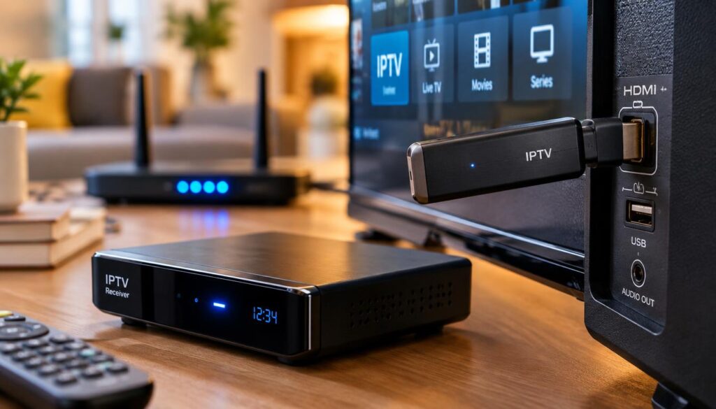 A detailed close-up of a digital receiver and a sleek TV stick connected to the HDMI port of a modern flat-screen television. The HDMI connection is highlighted, showcasing the intricate details of the plug and port. In the background, a stylish Wi-Fi router is visible, emphasizing connectivity, with soft blue LED lights indicating it's active. The setting is well-lit, with a warm, inviting atmosphere, suggesting a comfortable living room. Use a shallow depth of field to keep the focus on the receiver and TV stick, while the router fades gently into a blur. The overall mood is professional and modern, reflecting the advanced technology of IPTV providers like "IPTV anbieter".