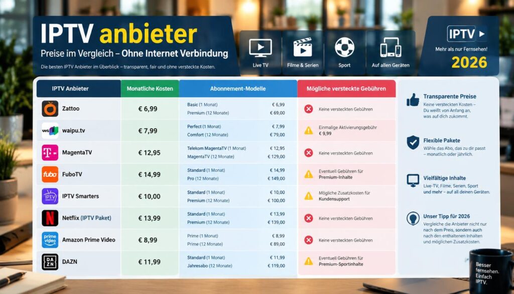 A detailed comparison table showcasing various IPTV providers' pricing without internet connection, prominently featuring "IPTV anbieter". In the foreground, the table displays rows for each provider with clear columns for monthly costs, subscription plans, and potential hidden fees. Each cell is neatly organized and color-coded for easy reference. The middle ground includes subtle icons representing IPTV services, enhancing visual clarity and context. The background features a blurred office environment, conveying a professional atmosphere, illuminated by soft, warm lighting that highlights the table. The overall mood is informative and engaging, aimed at assisting readers in understanding their IPTV options for 2026.