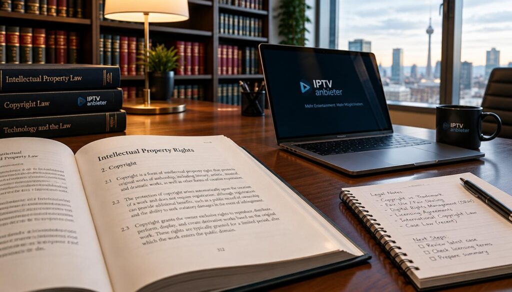 A detailed view of a law book on copyright, open to a page displaying paragraphs on intellectual property rights, placed prominently on a polished wooden desk in a modern office setting. The desk features a sleek laptop and a notepad filled with notes. A softly glowing lamp provides warm lighting, creating a focused atmosphere for legal work. The background reveals shelves lined with legal texts and a window showcasing a cityscape, allowing natural light to filter in. The mood is serious yet productive, perfect for an intellectual discussion about legal matters. Branding elements of "IPTV anbieter" subtly integrated into the objects on the desk, ensuring they are not the focal point.