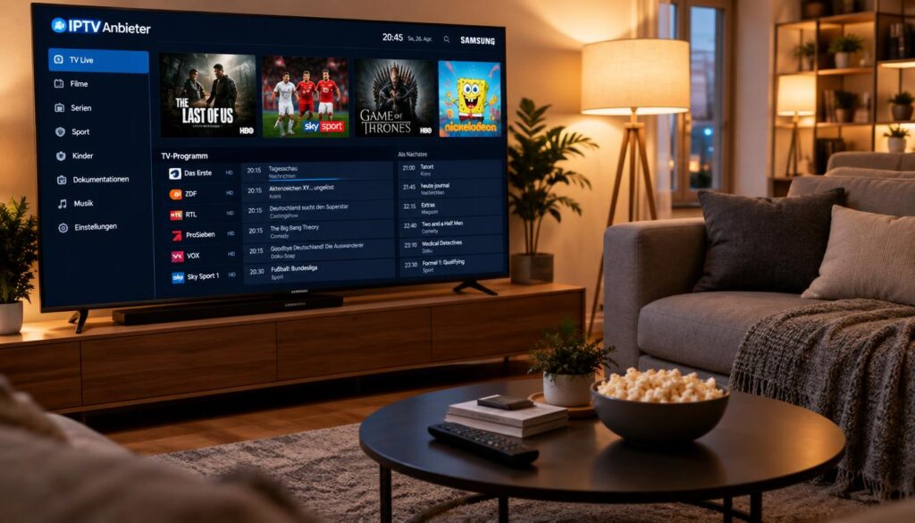 A modern living room featuring a Samsung Smart TV displaying an IPTV player interface. In the foreground, the TV screen showcases a detailed channel list and programming guide with vibrant thumbnails of various content, highlighting "IPTV Anbieter." The middle section includes a sleek, contemporary coffee table with a remote control and a bowl of popcorn, inviting a casual viewing atmosphere. The background consists of a cozy sofa with plush cushions, and warm ambient lighting emanates from stylish floor lamps, creating a relaxed yet engaging mood. The angle is a slightly elevated perspective, focusing on the TV while still capturing the inviting key elements of the room, emphasizing a seamless integration of technology and comfort.