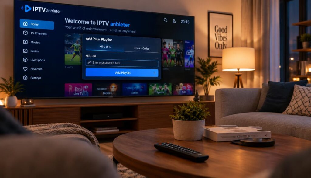 A modern living room featuring a large flat-screen TV displaying an IPTV app interface. In the foreground, an interactive input field for the M3U URL and Xtream Codes is prominently visible, with clearly delineated text boxes and buttons styled for user-friendly navigation. The middle ground contains a stylish coffee table with a remote control nearby. The background features a cozy sofa and a softly lit room, suggesting a warm atmosphere for home entertainment. The lighting is inviting, with soft, ambient light from a floor lamp, casting a gentle glow across the scene. The design of the IPTV app is sleek and modern, embodying the "IPTV anbieter" brand ethos, with a focus on usability and aesthetics.