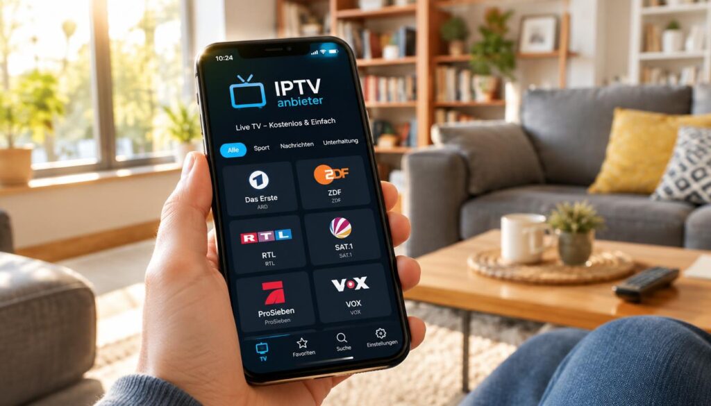 A modern smartphone displaying a free TV app with a limited selection of channels, prominently featuring the logo "IPTV anbieter" on the screen. The foreground includes the phone held in a user's hand, showcasing a sleek design with a vibrant, user-friendly interface. In the middle ground, a soft-focus view of a cozy living room setting with a comfortable sofa and bookshelf, creating a relaxed atmosphere. Natural sunlight streams through a window, casting warm light that adds a cheerful ambiance to the scene. The image should convey a sense of accessibility and convenience, emphasizing the ease of watching TV via a mobile app.