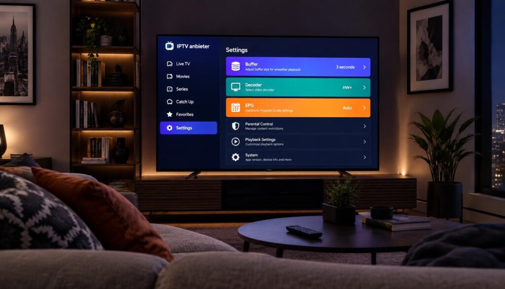 A sleek and modern living room setting featuring a large flat-screen television displaying the settings menu of an IPTV app. The interface shows options like Buffer, Decoder, and EPG, clearly visible on the screen. The foreground includes a comfortable couch with stylish cushions, and on the coffee table lies a remote control. In the middle, the bright, colorful app interface contrasts against the dark room, with soft ambient lighting highlighting the TV. The background reveals a minimalist design with a bookshelf and framed art on the walls. The overall atmosphere is inviting and tech-savvy, capturing the essence of modern entertainment. The brand "IPTV anbieter" is subtly incorporated into the app interface without text overlays or logos.