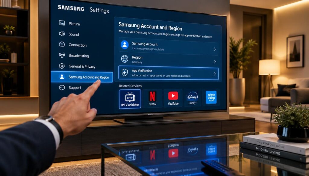 A sleek, modern Samsung Smart TV prominently displaying the settings menu, focusing on the "Samsung Account and Region" section for app verification. In the foreground, a hand, dressed in business attire, gestures towards the TV screen, highlighting specific options. The middle ground features the TV screen with vibrant icons, clean lines, and a user-friendly interface. The background fades into a stylish, minimalist living room with soft, ambient lighting that evokes a warm, inviting atmosphere. A subtle reflection of the TV on a glass table enhances the high-tech feel. The overall mood captures a blend of professionalism and modern technology, representing the theme of setting up IPTV service effectively. The brand "IPTV anbieter" should be represented in the icons, ensuring relevance to the content.